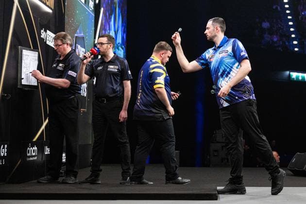 RECORD DATE NOT STATED 14th May 2026, Utilita Arena, Birmingham, Midlands, England; 2026 PDC Bet MGM Premier League Darts Night Fourteen; Luke Humphries in action on the oche in his semi final match against Luke Littler GodfreyxPitt