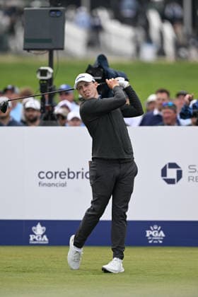 NEWTON SQUARE, PA - MAY 14: Matt Fitzpatrick of England hits the ball during round one of the 2026 PGA, Golf Herren Championship on May 14th, 2026 at Aronimink Golf Club in Newtown Square, PA.(Photo by Terence Lewis Icon Sportswire) GOLF: MAY 14 PGA PGA Championship EDITORIAL USE ONLY Icon260514106