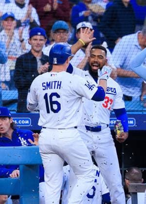 May 14, 2026, Los Angeles, California, USA: Will Smith 16 of the Los Angeles Dodgers is congratulated by Teoscar HernoÂ¡ndez 37 after hitting a solo home run during a regular season MLB, Baseball Herren, USA game against the San Francisco Giants on Thursday May 14, 2026 at Dodger Stadium in Los Angeles, California. Dodgers defeat Giants, 5-2. JAVIER ROJAS PI Los Angeles USA - ZUMAp124 20260514_zaa_p124_003 Copyright: xJavierxRojasx