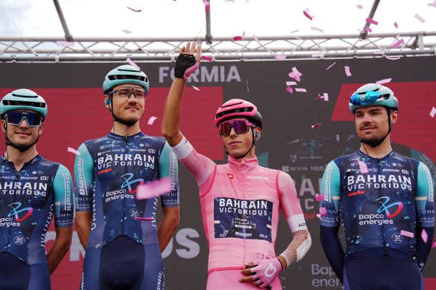 Portugal™s Afonso Oliveira Eulalio of Bahrain Victorious pink jersey during Stage 7 of the Giro d™Italia from Formia to Blockhaus, Italy. Friday May 15, 2026.  Copyright: xMassimoxPaolonex xLaPressex