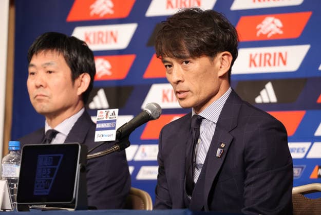 May 15, 2026, Tokyo, Japan - Japan Football Association (JFA) president Tsuneyasu Miyamoto (R) speaks as Japan s football national team, Nationalteam head coach Hajime Moriyasu (L) announces his 26-member World Cup squad at a press conference, PK, Pressekonferenz in Tokyo on Friday, May 15, 2026. FIFA World Cup, WM, Weltmeisterschaft, Fussball 2026 will be held from June 11 through July 19 in Canada, Mexico and the United States. (photo by Yoshio Tsunoda AFLO) Noxthirdxpartyxsales aflo_330475196