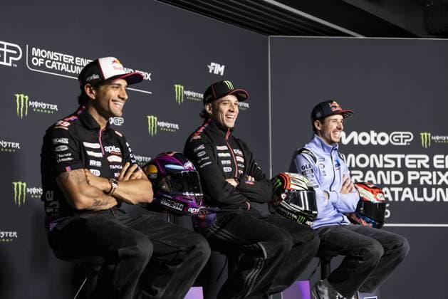 RECORD DATE NOT STATED MotoGP, 6th round of the World Championship, WM, Weltmeisterschaft in Catalonia Barcelona Barcelona (Spain), 14 05 2026 - Marco Bezzecchi (72), Aprilia Racing rider, Jorge Martin (89), Aprilia Racing rider and Alex Marquez (73), BK8 Gresini Racing MotoGP rider, during a press conference, PK, Pressekonferenz for the 6th round of the MotoGP World Championship, Grande Prix de Catalunya, Barcelona Spain Catalonia Spain Copyright: xJoaquimxGalantex