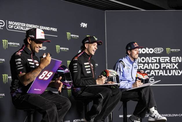 RECORD DATE NOT STATED MotoGP, 6th round of the World Championship, WM, Weltmeisterschaft in Catalonia Barcelona Barcelona (Spain), 14 05 2026 - Marco Bezzecchi (72), Aprilia Racing rider, Jorge Martin (89), Aprilia Racing rider and Alex Marquez (73), BK8 Gresini Racing MotoGP rider, during a press conference, PK, Pressekonferenz for the 6th round of the MotoGP World Championship, Grande Prix de Catalunya, Barcelona Spain Catalonia Spain Copyright: xJoaquimxGalantex