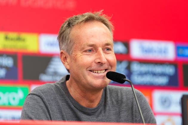 15.05.2026, xydrx, Fußball, Pressekonferenz Bayer 04 Leverkusen mit Cheftrainer Kasper Hjulmand vor dem Bundesliga Spiel gegen den Hamburger SV in der BayArena, Saison 2025 2026 DFB regulations prohibit any use of photographs as image sequences and or quasi-video. Copyright: HMBxMedia YannisxDreimann