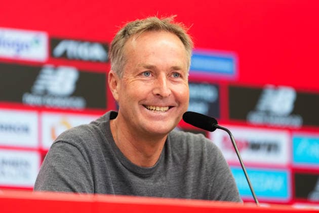 15.05.2026, xydrx, Fußball, Pressekonferenz Bayer 04 Leverkusen mit Cheftrainer Kasper Hjulmand vor dem Bundesliga Spiel gegen den Hamburger SV in der BayArena, Saison 2025 2026 DFB regulations prohibit any use of photographs as image sequences and or quasi-video. Copyright: HMBxMedia YannisxDreimann
