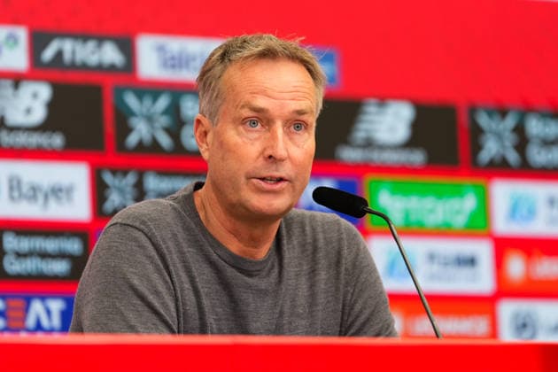 15.05.2026, xydrx, Fußball, Pressekonferenz Bayer 04 Leverkusen mit Cheftrainer Kasper Hjulmand vor dem Bundesliga Spiel gegen den Hamburger SV in der BayArena, Saison 2025 2026 DFB regulations prohibit any use of photographs as image sequences and or quasi-video. Copyright: HMBxMedia YannisxDreimann