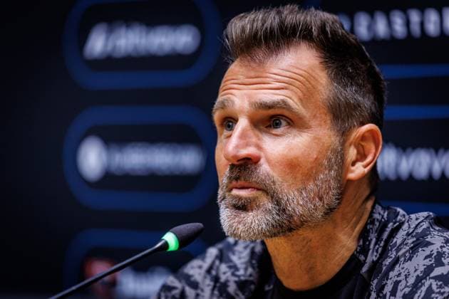 Club s head coach Ivan Leko pictured during a press conference, PK, Pressekonferenz of Belgian soccer team Club Brugge KV, Friday 15 May 2026 in Brugge, regarding their lasts games of the Champion s Play-Off (PO 1) competition of the Jupiler Pro League. KURTxDESPLENTER  x173965843x