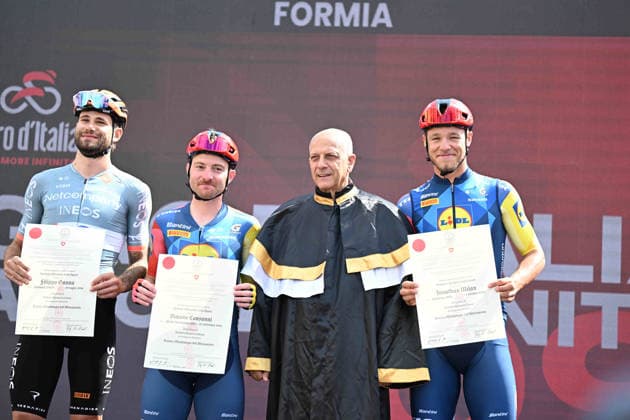 15-05-2026 Giro D italia; Tappa 07 Formia - Blockhaus; 2026, Lidl - Trek; 2026, Net Company - Ineos; Consonni, Simone; Milan, Jonathan; Ganna, Filippo; Formia; 