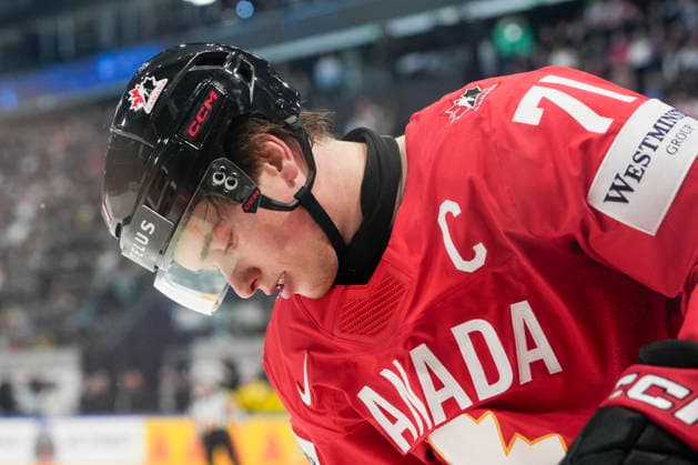 FRIBOURG, SWITZERLAND - MAY 15: Macklin Celebrini of Canada during the 2026 IIHF Ice hockey, Eishockey World Championship, WM, Weltmeisterschaft Switzerland game between Canada and Sweden at BCF Arena on May 15, 2026 in Fribourg, Fribourg. Fribourg BCF Arena Fribourg Switzerland Copyright: xJustPictures.ch JarixPestelaccix jp-en-EuSpIm-JP6_JAR_Canada_Sweden_15May2026_00097