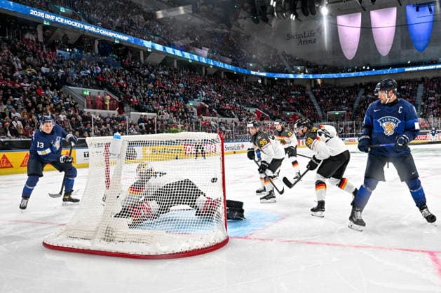 ZURICH, SWITZERLAND - MAY 15: Jesse Puljujarvi of Finland L) scores a goal against goalkeeper Philipp Grubauer of Germany during the 2026 IIHF Ice hockey, Eishockey World Championship, WM, Weltmeisterschaft Switzerland game between Finland and Germany at Swiss Life Arena on May 15, 2026 in Zurich, Zurich. Zurich Swiss Life Arena Zurich Switzerland Copyright: xJustPictures.ch AndreaxBrancax jp-en-EuSpIm-JP7_ANB_Fin_Ger_15052026_1903