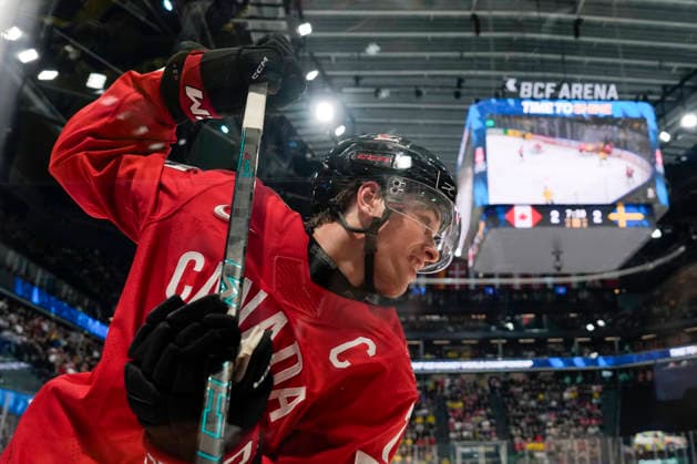 FRIBOURG, SWITZERLAND - MAY 15: Macklin Celebrini of Canada in action during the 2026 IIHF Ice hockey, Eishockey World Championship, WM, Weltmeisterschaft Switzerland game between Canada and Sweden at BCF Arena on May 15, 2026 in Fribourg, Fribourg. Fribourg BCF Arena Fribourg Switzerland Copyright: xJustPictures.ch JarixPestelaccix jp-en-EuSpIm-JP6_JAR_Canada_Sweden_15May2026_00157