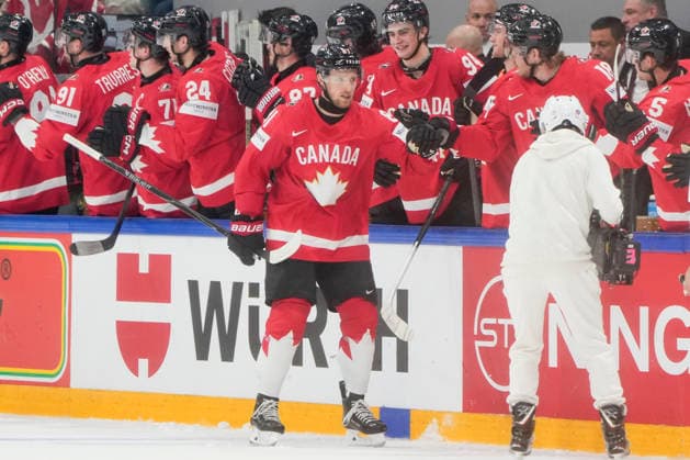FRIBOURG, SWITZERLAND - MAY 15: Dylan Holloway of Canada celebrates his goal during the 2026 IIHF Ice hockey, Eishockey World Championship, WM, Weltmeisterschaft Switzerland game between Canada and Sweden at BCF Arena on May 15, 2026 in Fribourg, Fribourg. Fribourg BCF Arena Fribourg Switzerland Copyright: xJustPictures.ch JarixPestelaccix jp-en-EuSpIm-JP6_JAR_Canada_Sweden_15May2026_00207