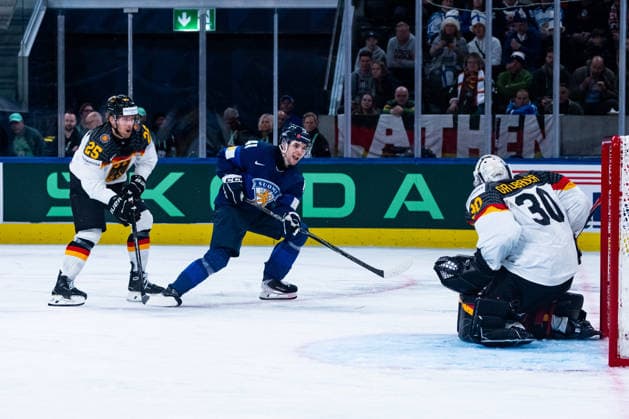 ZURICH, SWITZERLAND - MAY 15: Philipp Grubauer (Germany, 30) stops Ville Hainola (Finland, 41) during the Preliminary Round - Group A Match 1 between Finland and Germany at the IIHF Ice hockey, Eishockey World Championship, WM, Weltmeisterschaft 2026, Swiss Life Arena on May 15, 2026 in Zurich, Switzerland. Zurich Switzerland Copyright: xTimoxSteinx