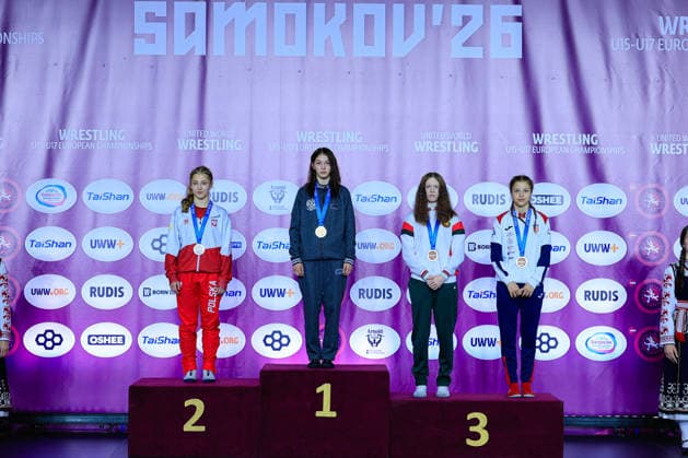 U17, U 17 Wrestling European Championships Podium 46kg WW - Gold: Alina Baranova (RUS), Silver: Julia Palka (POL), Bronze: Darya Nahornaya (BLR), Lara Blazekovic (CRO) Samokov Arena Samokov Bulgaria