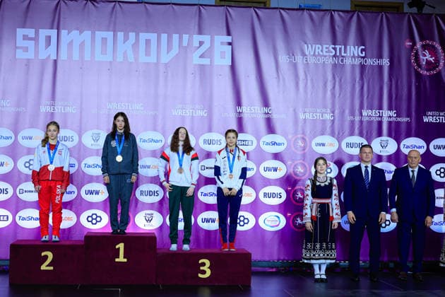 U17, U 17 Wrestling European Championships Podium 46kg WW - Gold: Alina Baranova (RUS), Silver: Julia Palka (POL), Bronze: Darya Nahornaya (BLR), Lara Blazekovic (CRO) Samokov Arena Samokov Bulgaria