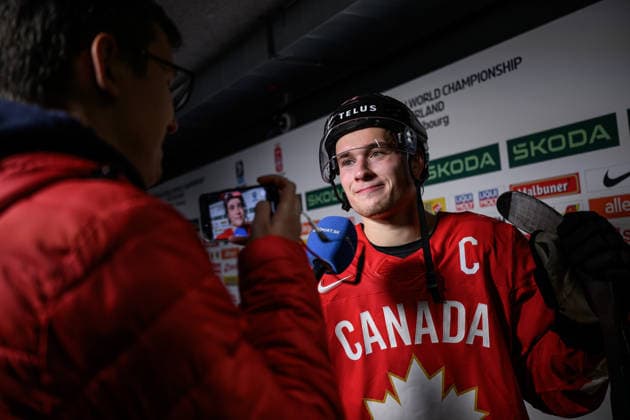 260515 Macklin Celebrini of Canada after the 2026 IIHF Ice hockey, Eishockey World Championship, WM, Weltmeisterschaft match between Canada and Sweden on May 15, 2026 in Fribourg. Photo: Jesper Zerman BILDBYRAN kod JZ JZ0714 ishockey ice hockey ishockey-vm 2026 vm 2026 iihf world championship kanada canada sverige sweden bbeng bbauto Copyright: JESPERxZERMAN BB260515JZ081