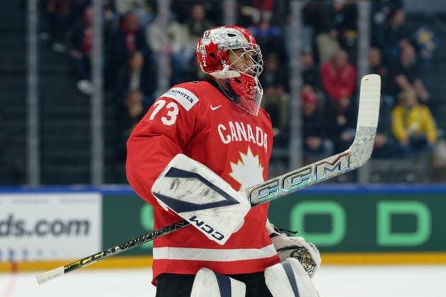 Fribourg, Switzerland - May 15 : Greaves Jet of Canada portrait (headshot close up) during the 2026 IIHF Ice hockey, Eishockey World Championship, WM, Weltmeisterschaft match between Canada and Sweden at Fribourg BCF Arena on May 15 , 2026 in Fribourg, Switzerland. Copyright: xGiuseppexVelletrix Sportspressphoto_SPR147073