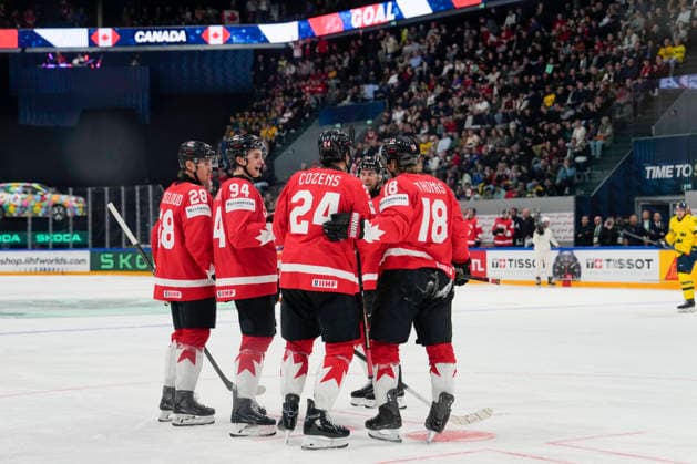 FRIBOURG, SWITZERLAND - MAY 15: Dylan Cozens of Canada C) celebrated for his goal during the 2026 IIHF Ice hockey, Eishockey World Championship, WM, Weltmeisterschaft Switzerland game between Canada and Sweden at BCF Arena on May 15, 2026 in Fribourg, Fribourg. Fribourg BCF Arena Fribourg Switzerland Copyright: xJustPictures.ch JarixPestelaccix jp-en-EuSpIm-JP6_JAR_Canada_Sweden_15May2026_00266