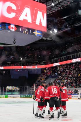 FRIBOURG, SWITZERLAND - MAY 15: Dylan Cozens of Canada C) celebrated for his goal during the 2026 IIHF Ice hockey, Eishockey World Championship, WM, Weltmeisterschaft Switzerland game between Canada and Sweden at BCF Arena on May 15, 2026 in Fribourg, Fribourg. Fribourg BCF Arena Fribourg Switzerland Copyright: xJustPictures.ch JarixPestelaccix jp-en-EuSpIm-JP6_JAR_Canada_Sweden_15May2026_00269