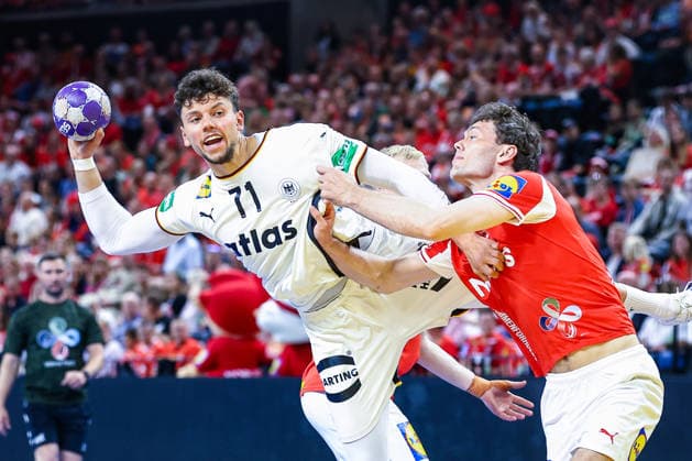 15.05.2026, xIAJx, Handball, Länderspiel, Testspiel, Dänemark - Deutschland, Royal Arena Kopenhagen: Marko Grgic (Deutschland 71) Niclas Kirkelökke (Dänemark 3) Dänemark