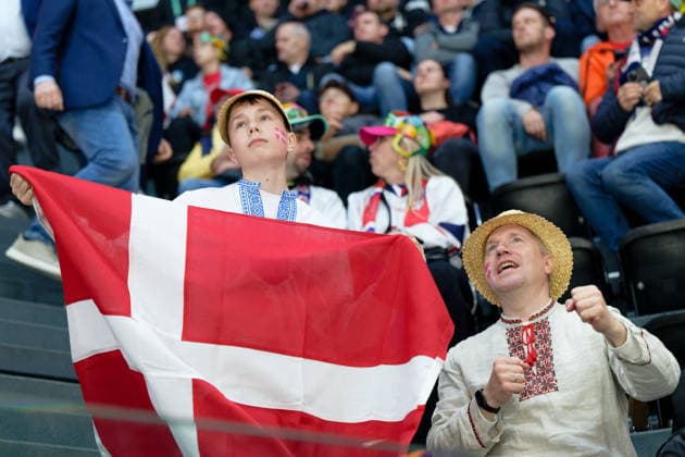 Fribourg, Switzerland - May 15 : Fans of Denmark are seen during the 2026 IIHF Ice hockey, Eishockey World Championship, WM, Weltmeisterschaft match between Czechia and Denmark at Fribourg BCF Arena on May 15 , 2026 in Fribourg, Switzerland. Copyright: xGiuseppexVelletrix Sportspressphoto_SPR147154