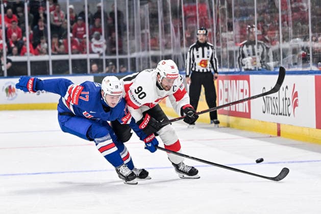 ZURICH, SWITZERLAND - MAY 15: Will Borgen of United States and Roman Josi of Switzerland in a battle for the puck during the 2026 IIHF Ice hockey, Eishockey World Championship, WM, Weltmeisterschaft Switzerland game between USA and Switzerland at Swiss Life Arena on May 15, 2026 in Zurich, Zurich. Zurich Swiss Life Arena Zurich Switzerland Copyright: xJustPictures.ch AndreaxBrancax jp-en-EuSpIm-JP7_ANB_US_Sui_15052026_9984