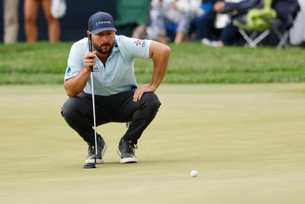 Stephan Jaeger of Germany lines up a putt on the 18th hole during the second round of the 2026 PGA, Golf Herren Championship at Aronimink Golf Club in Newtown Square, Pennsylvania, on Friday, May 15, 2026.  PHI20260515874 LAURENCExKESTERSON