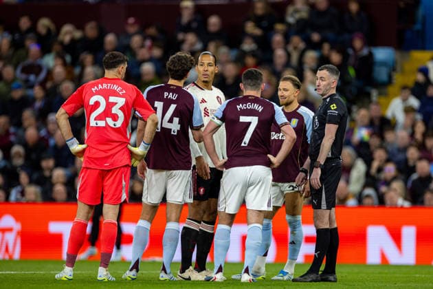 Football - FA Premier League - Aston Villa FC v Liverpool FC BIRMINGHAM, ENGLAND - Friday, May 15, 2026: Liverpool s captain Virgil van Dijk and Aston Villa s goalkeeper Emiliano Martinez (L), Pau Torres, captain John McGinn and Matty Cash speak to referee Chris Kavanagh during the VAR check for offside during the FA Premier League match between Aston Villa FC and Liverpool FC at Villa Park. (Photo by David Rawcliffe Propaganda) BIRMINGHAM Villa Park WEST MIDLANDS ENGLAND  Copyright: xDavidxRawcliffex P2026-05-15-Aston Villa_Liverpool-62