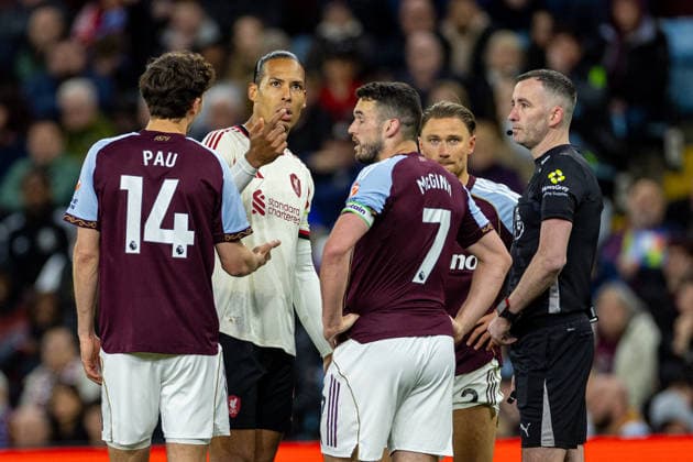 Football - FA Premier League - Aston Villa FC v Liverpool FC BIRMINGHAM, ENGLAND - Friday, May 15, 2026: Liverpool s captain Virgil van Dijk and Aston Villa s Pau Torres (L) and captain John McGinn speak to referee Chris Kavanagh (R) during the VAR check for offside during the FA Premier League match between Aston Villa FC and Liverpool FC at Villa Park. (Photo by David Rawcliffe Propaganda) BIRMINGHAM Villa Park WEST MIDLANDS ENGLAND  Copyright: xDavidxRawcliffex P2026-05-15-Aston Villa_Liverpool-63