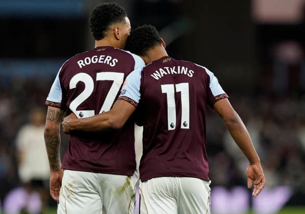 Birmingham, England, 15th May 2026. Ollie Watkins of Aston Villa celebrates with Morgan Rogers of Aston Villa after scoring the second goal during the Aston Villa vs Liverpool Premier League match at Villa Park, Birmingham. Picture credit should read: Andrew Yates Sportimage EDITORIAL USE ONLY. No use with unauthorised audio, video, data, fixture lists, club league logos or live services. Online in-match use limited to 120 images, no video emulation. No use in betting, games or single club league player publications. SPI_029_AY_ASTON_VILLA_LIVERPOOL SPI-4802-0028