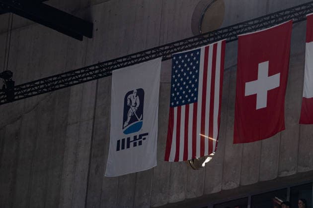ZURICH, ZURICH - MAY 15: Flags of Switzerland and USA alongside the IIHF logo during the 2026 IIHF World Championship, WM, Weltmeisterschaft Group A match between Switzerland and USA at Swiss Life Arena on May 15, 2026 in Zurich, Zurich, Switzerland. Copyright: xLivioxBaeriswylx xSPPx Sportspressphoto_SPR147417