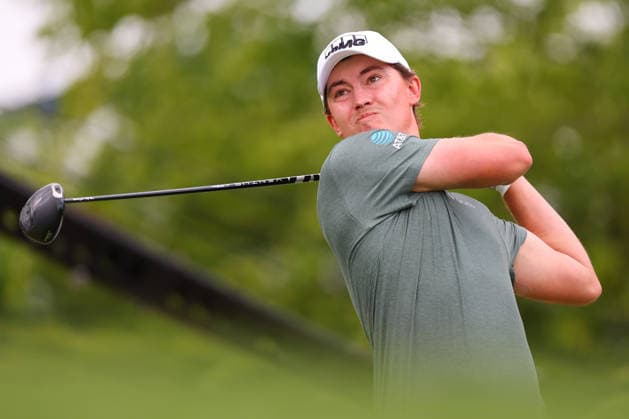 NEWTON SQUARE, PA - MAY 15: Maverick McNealy of the United States tees off at the tenth tee during Round 2 of the 2026 PGA, Golf Herren Championship on May 15, 2026 at Aronimink Golf Club in Newtown Square, Pennsylvania. (Photo by Rich Graessle Icon Sportswire) GOLF: MAY 15 PGA PGA Championship EDITORIAL USE ONLY Icon260515256302