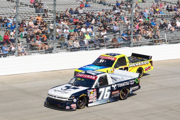 DOVER, DE - MAY 15: Spencer Boyd ( 76 Freedom Racing Enterprises Tohatsu Chevrolet) races Ty Majeski ( 88 ThorSport Racing Zevo Menards Ford) during the NASCAR, Motorsport, USA CRAFTSMAN Truck Series ECOSAVE 200 on May 15, 2026, at Dover Motor Speedway in Dover, DE. (Photo by David Hahn Icon Sportswire) AUTO: MAY 15 NASCAR CRAFTSMAN Truck Series ECOSAVE 200 EDITORIAL USE ONLY Icon260515019