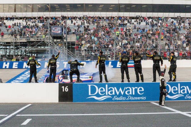 DOVER, DE - MAY 15: Kyle Busch ( 7 Spire Motorsports HendrickCars.com Chevrolet) celebrates with a burnout after winning the NASCAR, Motorsport, USA CRAFTSMAN Truck Series ECOSAVE 200 on May 15, 2026, at Dover Motor Speedway in Dover, DE. (Photo by David Hahn Icon Sportswire) AUTO: MAY 15 NASCAR CRAFTSMAN Truck Series ECOSAVE 200 EDITORIAL USE ONLY Icon260515025