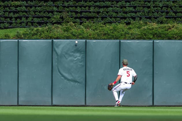 May 15th, 2026: Minnesota Twins center fielder Ryan Kreidler (5) watches the ball bounce off the wall hit by Milwaukee Brewers left fielder Jackson Chourio (11)(not pictured) in the first inning during a MLB, Baseball Herren, USA Baseball game between the Milwaukee Brewers and the Minnesota Twins at Target Field in Minneapolis, Minnesota. CSM MLB 2026: Brewers Vs Twins MAY 15  - ZUMAc04_ 20260515_zma_c04_020 Copyright: xStevenxGarciax