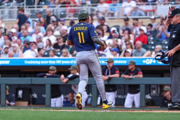 May 15th, 2026: Milwaukee Brewers left fielder Jackson Chourio (11) scores on a RBI single by Milwaukee Brewers catcher William Contreras (24)(not pictured) in the first inning during a MLB, Baseball Herren, USA Baseball game between the Milwaukee Brewers and the Minnesota Twins at Target Field in Minneapolis, Minnesota. CSM Minneapolis USA - ZUMAc04_ 20260515_zma_c04_016 Copyright: xStevenxGarciax
