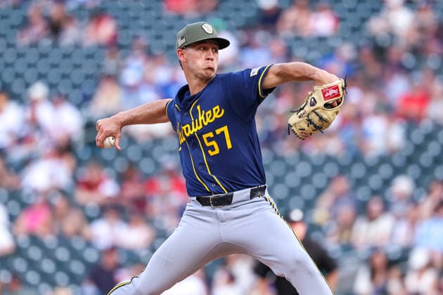 May 15th, 2026: Milwaukee Brewers starting pitcher Coleman Crow (57) pitches in the first inning during a MLB, Baseball Herren, USA Baseball game between the Milwaukee Brewers and the Minnesota Twins at Target Field in Minneapolis, Minnesota. CSM MLB 2026: Brewers Vs Twins MAY 15  - ZUMAc04_ 20260515_zma_c04_028 Copyright: xStevenxGarciax