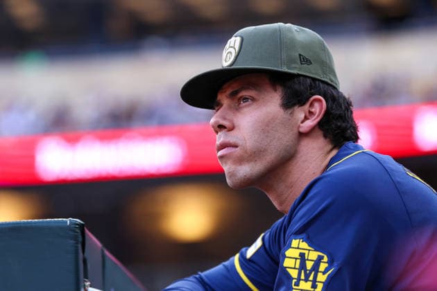 May 15th, 2026: Milwaukee Brewers outfielder Christian Yelich (22) looks on from the dugout during a MLB, Baseball Herren, USA Baseball game between the Milwaukee Brewers and the Minnesota Twins at Target Field in Minneapolis, Minnesota. CSM MLB 2026: Brewers Vs Twins MAY 15  - ZUMAc04_ 20260515_zma_c04_029 Copyright: xStevenxGarciax