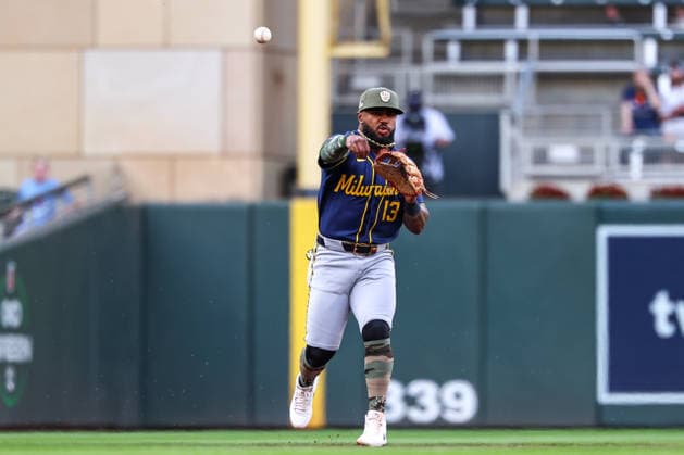 May 15th, 2026: Milwaukee Brewers third baseman Luis Rengifo (13) makes a play to first base in the fourth inning during a MLB, Baseball Herren, USA Baseball game between the Milwaukee Brewers and the Minnesota Twins at Target Field in Minneapolis, Minnesota. CSM Minneapolis USA - ZUMAc04_ 20260515_zma_c04_019 Copyright: xStevenxGarciax