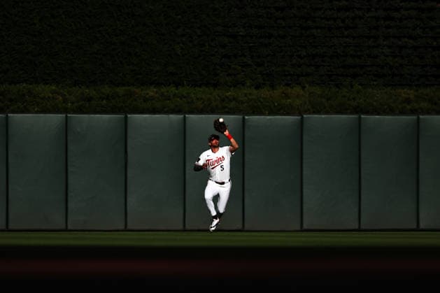 May 15th, 2026: Minnesota Twins center fielder Ryan Kreidler (5) catches the ball in the first inning during a MLB, Baseball Herren, USA Baseball game between the Milwaukee Brewers and the Minnesota Twins at Target Field in Minneapolis, Minnesota. CSM Minneapolis USA - ZUMAc04_ 20260515_zma_c04_026 Copyright: xStevenxGarciax
