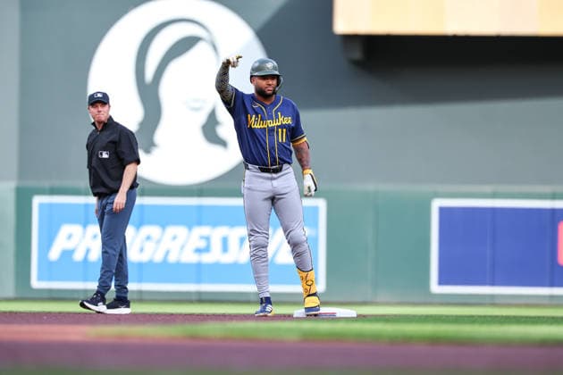May 15th, 2026: Milwaukee Brewers left fielder Jackson Chourio (11) celebrates a double in the first inning during a MLB, Baseball Herren, USA Baseball game between the Milwaukee Brewers and the Minnesota Twins at Target Field in Minneapolis, Minnesota. CSM Minneapolis USA - ZUMAc04_ 20260515_zma_c04_027 Copyright: xStevenxGarciax