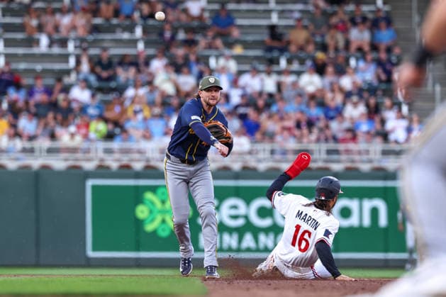 May 15th, 2026: Milwaukee Brewers second baseman Brice Turang (2) makes a play to first base for a double play in the sixth inning during a MLB, Baseball Herren, USA Baseball game between the Milwaukee Brewers and the Minnesota Twins at Target Field in Minneapolis, Minnesota. CSM MLB 2026: Brewers Vs Twins MAY 15  - ZUMAc04_ 20260515_zma_c04_034 Copyright: xStevenxGarciax