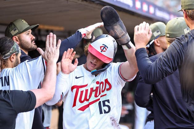May 15th, 2026: Minnesota Twins second baseman Luke Keaschall (15) celebrates scoring on a RBI double hit by Minnesota Twins third baseman Royce Lewis (23)(not pictured) in the seventh inning during a MLB, Baseball Herren, USA Baseball game between the Milwaukee Brewers and the Minnesota Twins at Target Field in Minneapolis, Minnesota. CSM MLB 2026: Brewers Vs Twins MAY 15  - ZUMAc04_ 20260515_zma_c04_038 Copyright: xStevenxGarciax