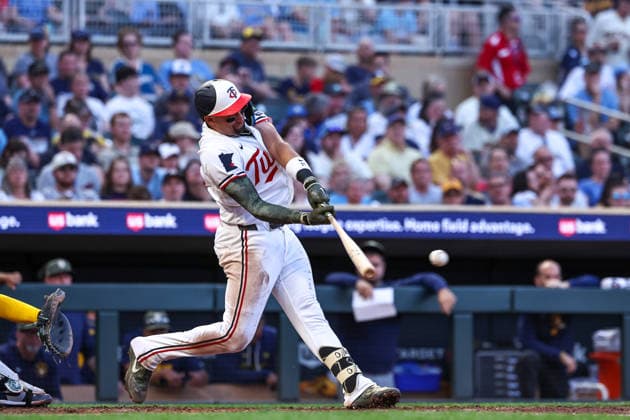 May 15th, 2026: Minnesota Twins third baseman Royce Lewis (23) hits a RBI double in the seventh inning during a MLB, Baseball Herren, USA Baseball game between the Milwaukee Brewers and the Minnesota Twins at Target Field in Minneapolis, Minnesota. CSM Minneapolis USA - ZUMAc04_ 20260515_zma_c04_030 Copyright: xStevenxGarciax