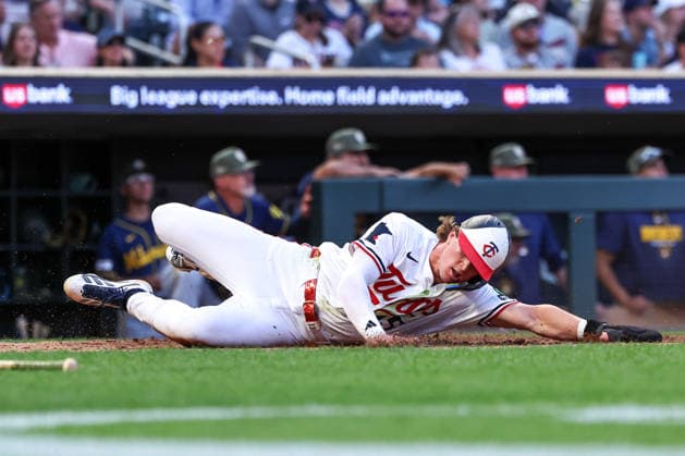 May 15th, 2026: Minnesota Twins second baseman Luke Keaschall (15) slides into home plate to score on a RBI double hit by Minnesota Twins third baseman Royce Lewis (23)(not pictured) in the seventh inning during a MLB, Baseball Herren, USA Baseball game between the Milwaukee Brewers and the Minnesota Twins at Target Field in Minneapolis, Minnesota. CSM MLB 2026: Brewers Vs Twins MAY 15  - ZUMAc04_ 20260515_zma_c04_041 Copyright: xStevenxGarciax