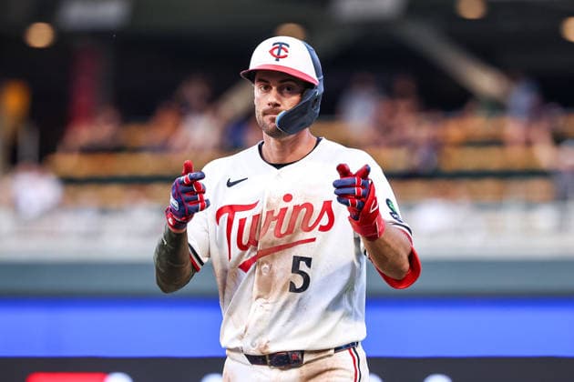 May 15th, 2026: Minnesota Twins center fielder Ryan Kreidler (5) celebrates a single in the seventh inning during a MLB, Baseball Herren, USA Baseball game between the Milwaukee Brewers and the Minnesota Twins at Target Field in Minneapolis, Minnesota. CSM MLB 2026: Brewers Vs Twins MAY 15  - ZUMAc04_ 20260515_zma_c04_046 Copyright: xStevenxGarciax