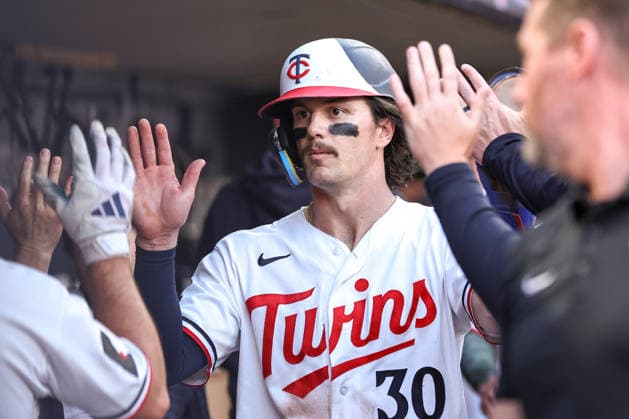 May 15th, 2026: Minnesota Twins left fielder James Outman (30) celebrates after scoring in the sixth inning during a MLB, Baseball Herren, USA Baseball game between the Milwaukee Brewers and the Minnesota Twins at Target Field in Minneapolis, Minnesota. CSM Minneapolis USA - ZUMAc04_ 20260515_zma_c04_043 Copyright: xStevenxGarciax