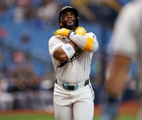 May 15, 2026, U.S.: Tampa Bay Rays designated hitter YANDY DoÂAZ (2) gestures while crossing home plate after hitting a home run during the first inning against the Miami Marlins. The Tampa Bay Rays hosted the Miami Marlins at Tropicana Field in St. Petersburg, FL. U.S. - ZUMAm299 20260515_znp_m299_011 Copyright: xTaylorxMcFeex