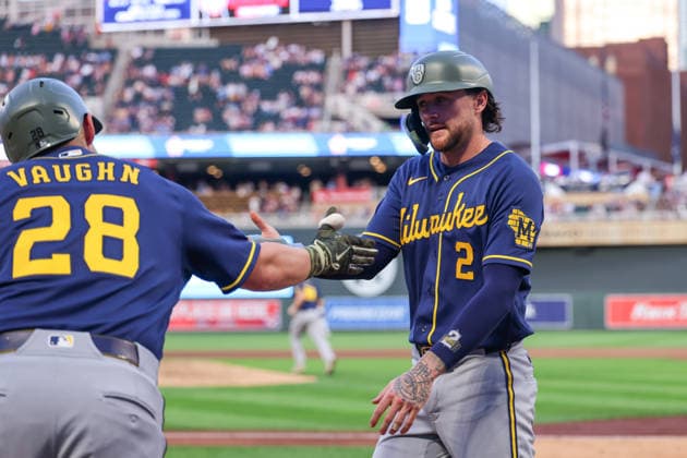 MLB, Baseball Herren, USA 2026: Brewers Vs Twins MAY 15 May 15th, 2026: Milwaukee Brewers second baseman Brice Turang (2) celebrates scoring on a RBI double hit by Milwaukee Brewers first baseman Jake Bauers (9)(not pictured) in the eighth inning during a MLB Baseball game between the Milwaukee Brewers and the Minnesota Twins at Target Field in Minneapolis, Minnesota. Steven Garcia CSM (Credit Image: Â Steven Garcia Cal Media) Minneapolis Minnesota USA EDITORIAL USE ONLY Copyright: xx ZUMA-20260515_zma_c04_048.jpg StevenxGarciax csmphotothree490518
