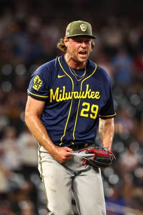 May 15th, 2026: Milwaukee Brewers pitcher Trevor Megill (29) celebrates the win in the ninth inning during a MLB, Baseball Herren, USA Baseball game between the Milwaukee Brewers and the Minnesota Twins at Target Field in Minneapolis, Minnesota. CSM MLB 2026: Brewers Vs Twins MAY 15  - ZUMAc04_ 20260515_zma_c04_050 Copyright: xStevenxGarciax